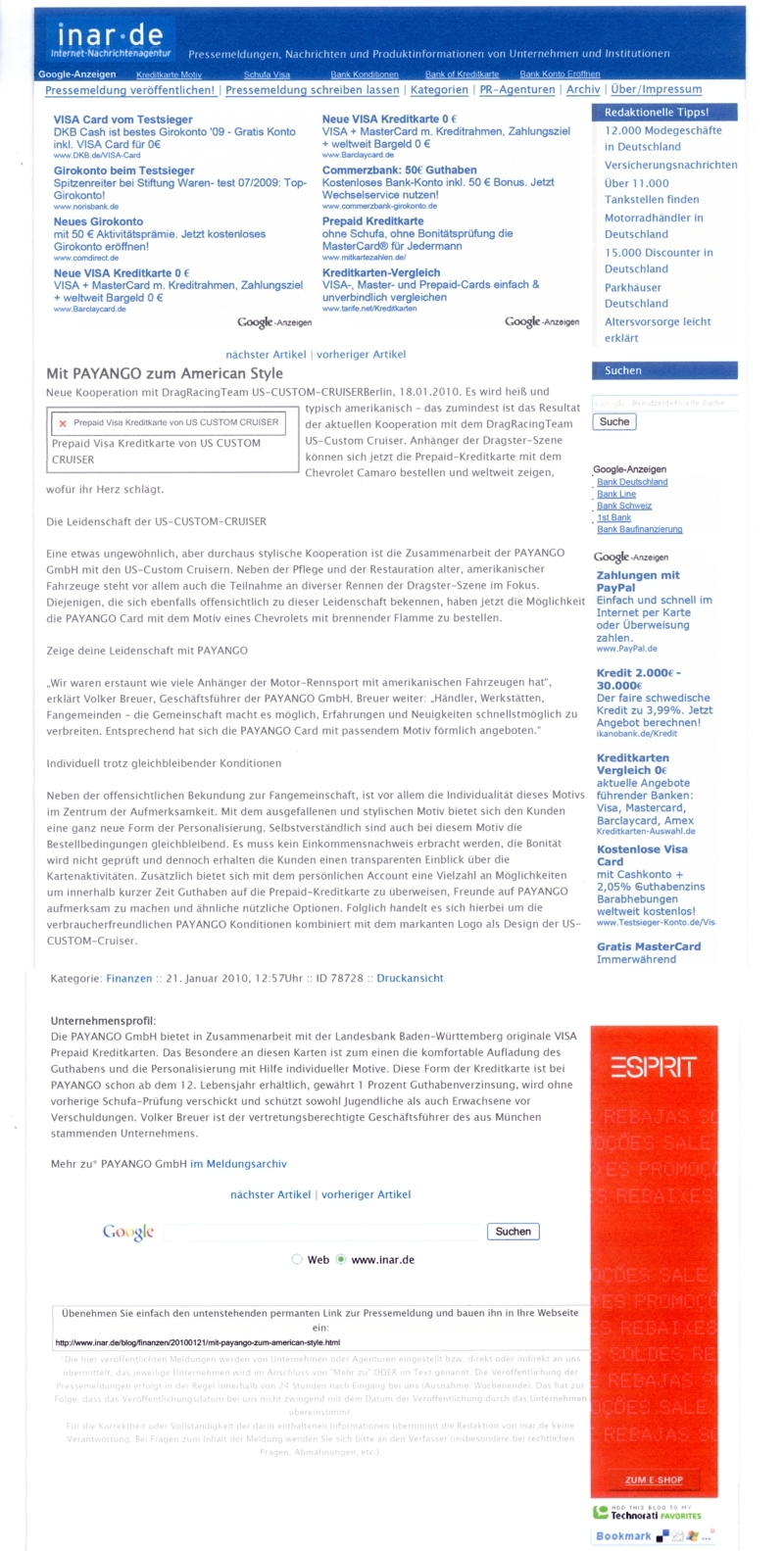 inar Presse-Mitteilung "VISA Prepaid Card US-CUSTOM-CRUISER by PAYANGO"