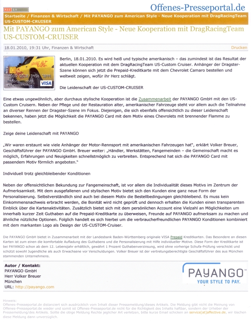 Offenes-Presseportal Presse-Mitteilung "VISA Prepaid Card US-CUSTOM-CRUISER by PAYANGO"