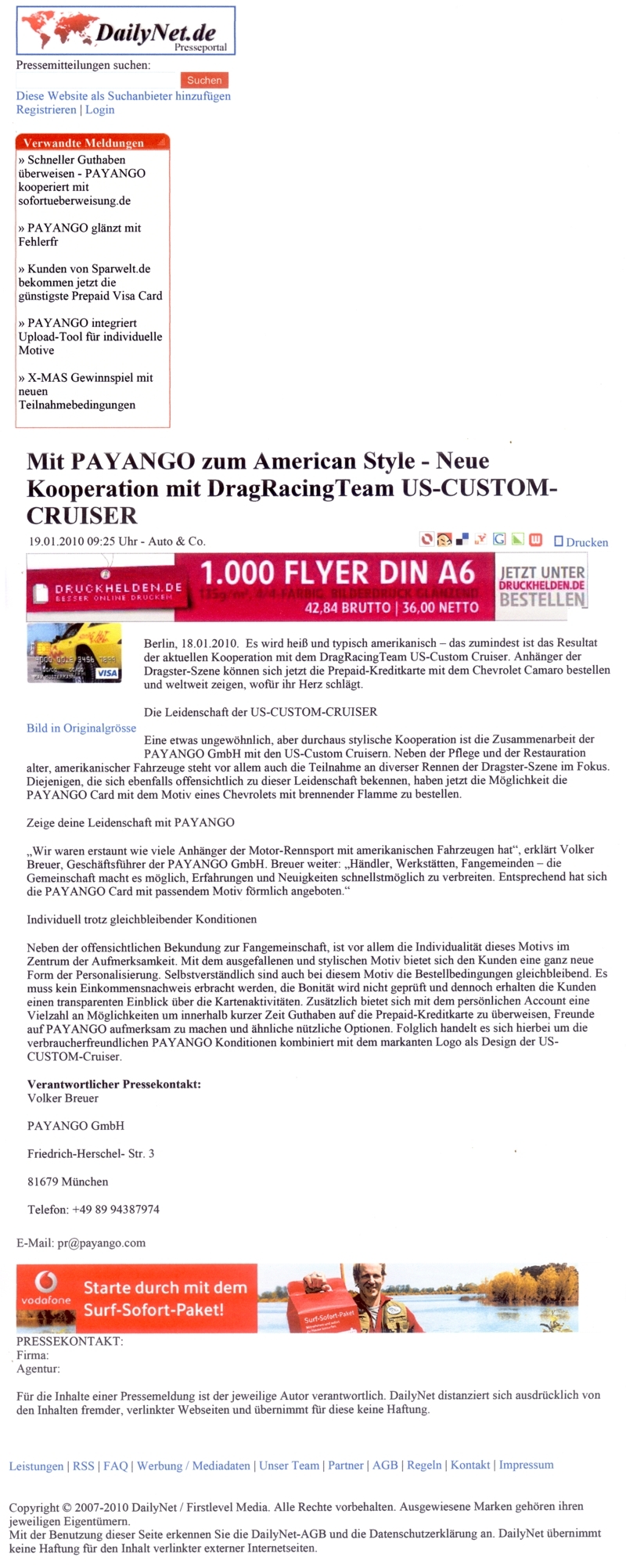 DailyNet Presse-Mitteilung "VISA Prepaid Card US-CUSTOM-CRUISER by PAYANGO"