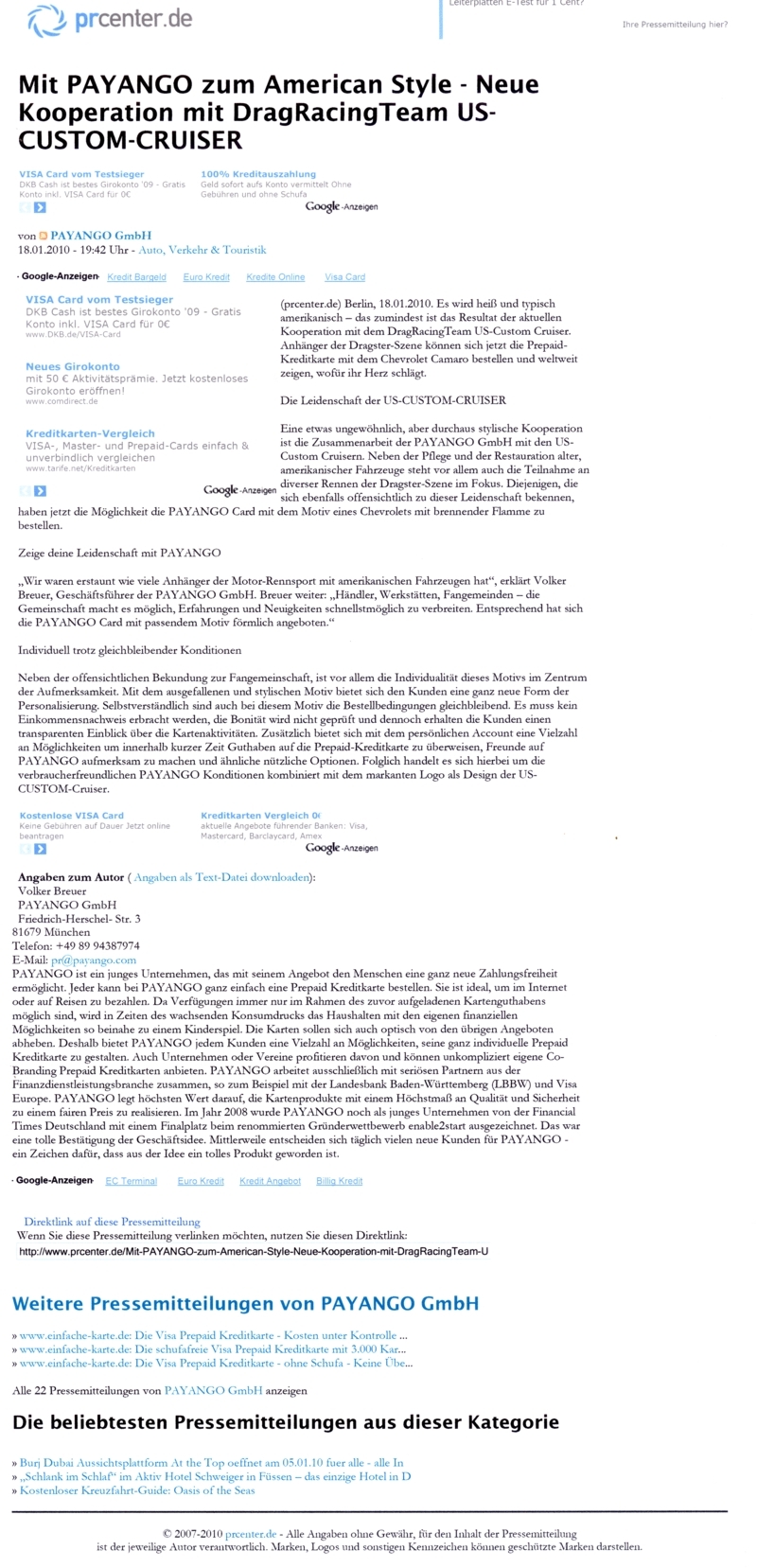 prcenter Presse-Mitteilung "VISA Prepaid Card US-CUSTOM-CRUISER by PAYANGO"