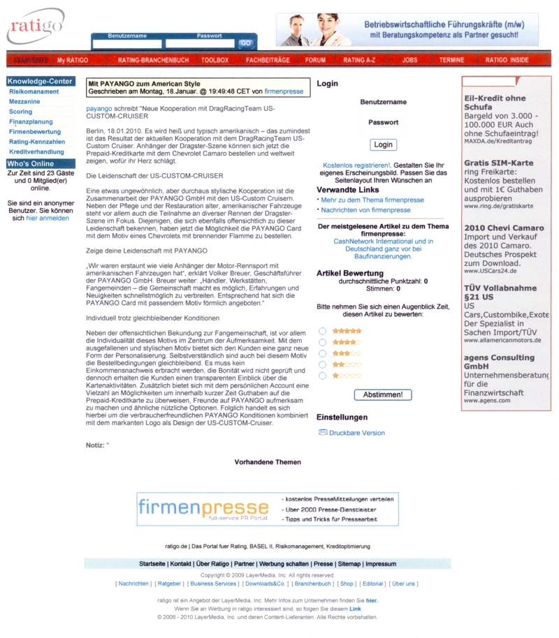 ratigo Presse-Mitteilung "VISA Prepaid Card US-CUSTOM-CRUISER by PAYANGO"