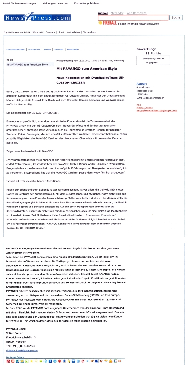 News4Press Presse-Mitteilung "VISA Prepaid Card US-CUSTOM-CRUISER by PAYANGO"