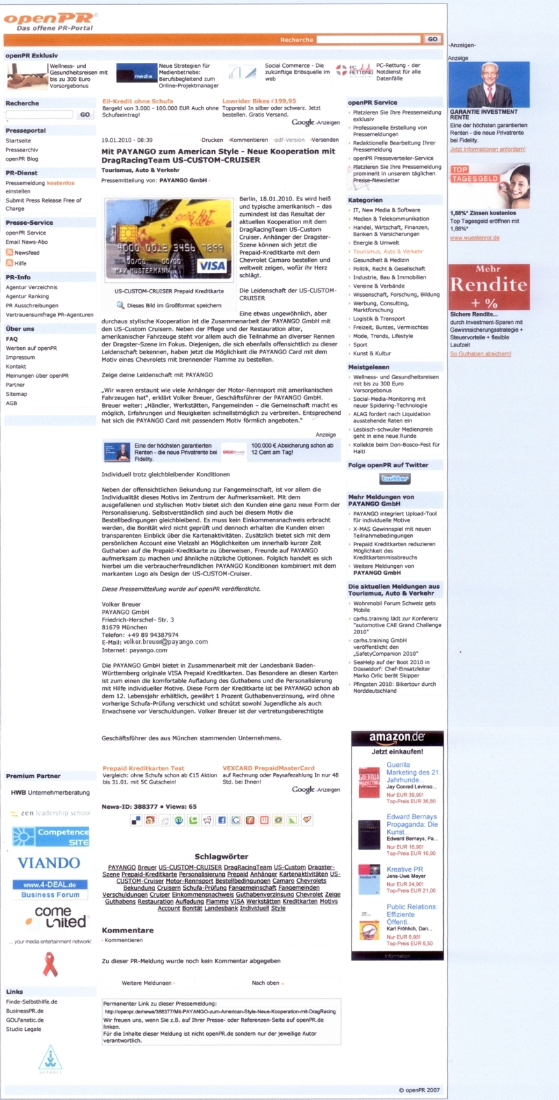 openPR Presse-Mitteilung "VISA Prepaid Card US-CUSTOM-CRUISER by PAYANGO"