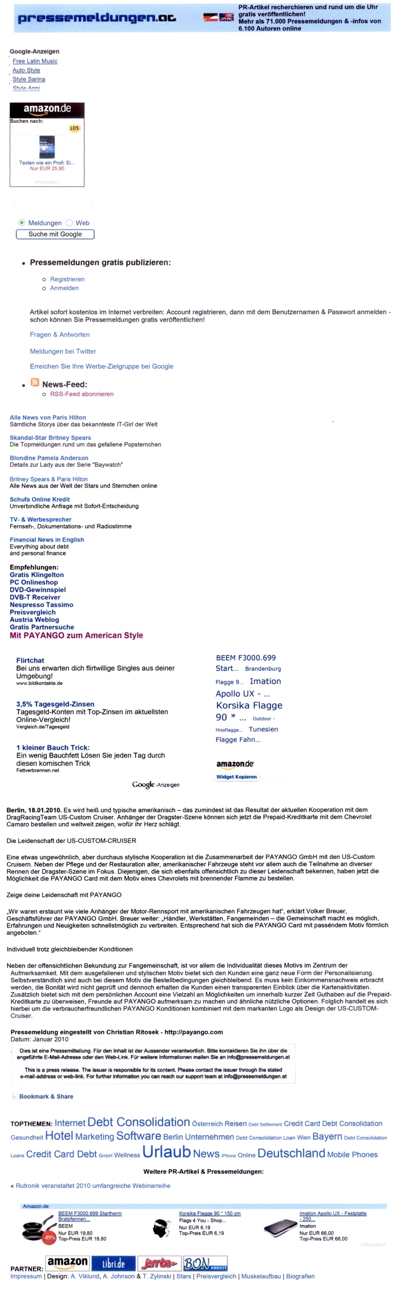 pressemeldungen Presse-Mitteilung "VISA Prepaid Card US-CUSTOM-CRUISER by PAYANGO"